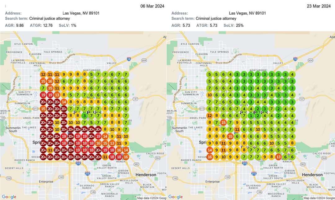 GEO grid heatmap showing ranking improvement