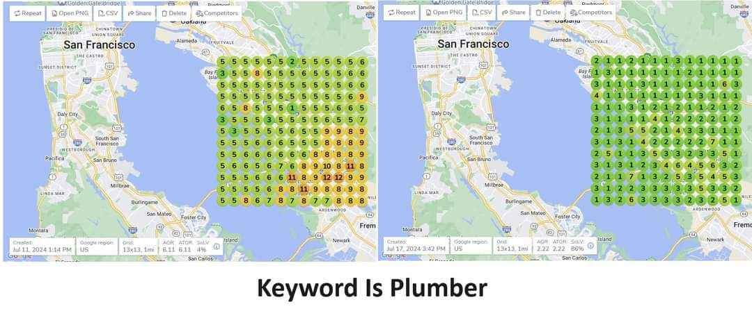 GEO grid heatmap showing ranking improvement in 6 days