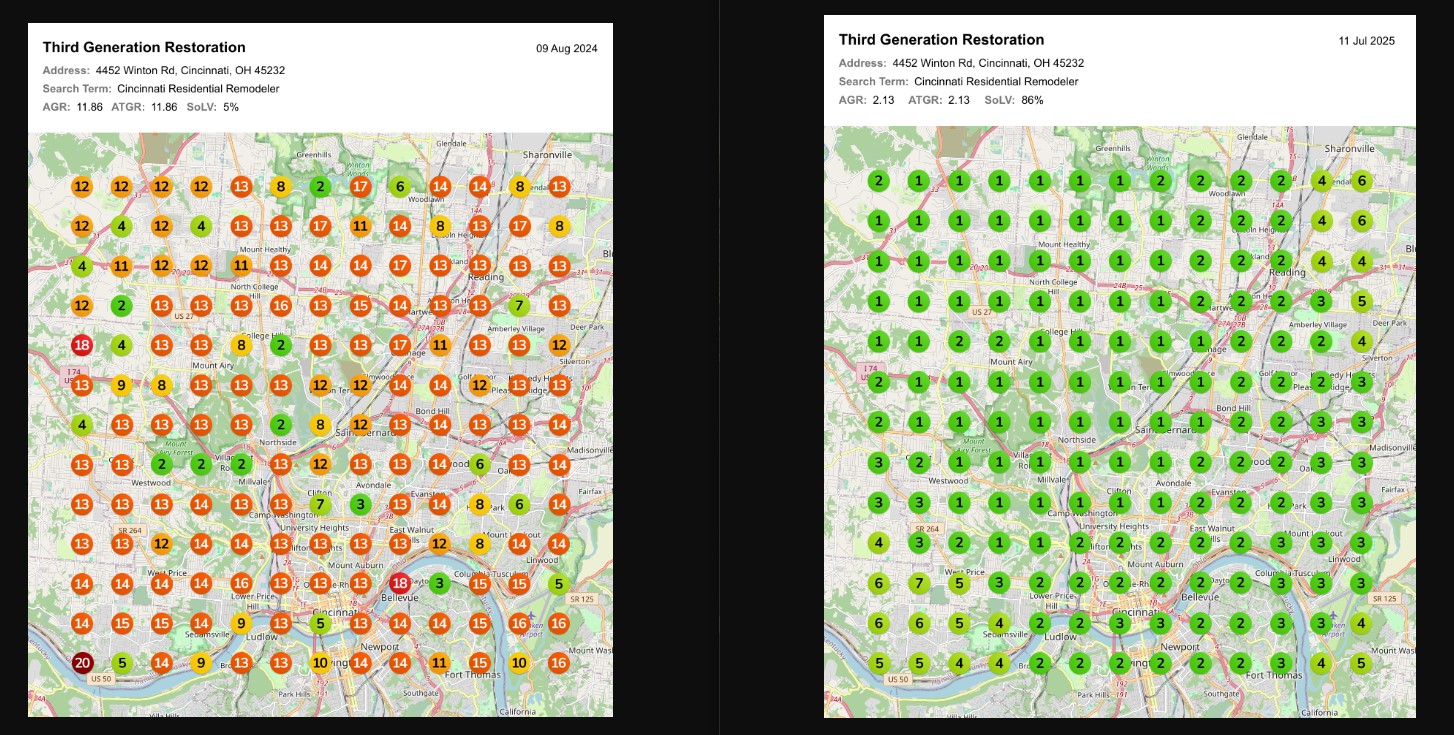 GEO grid heatmap showing remodeler ranking improvement