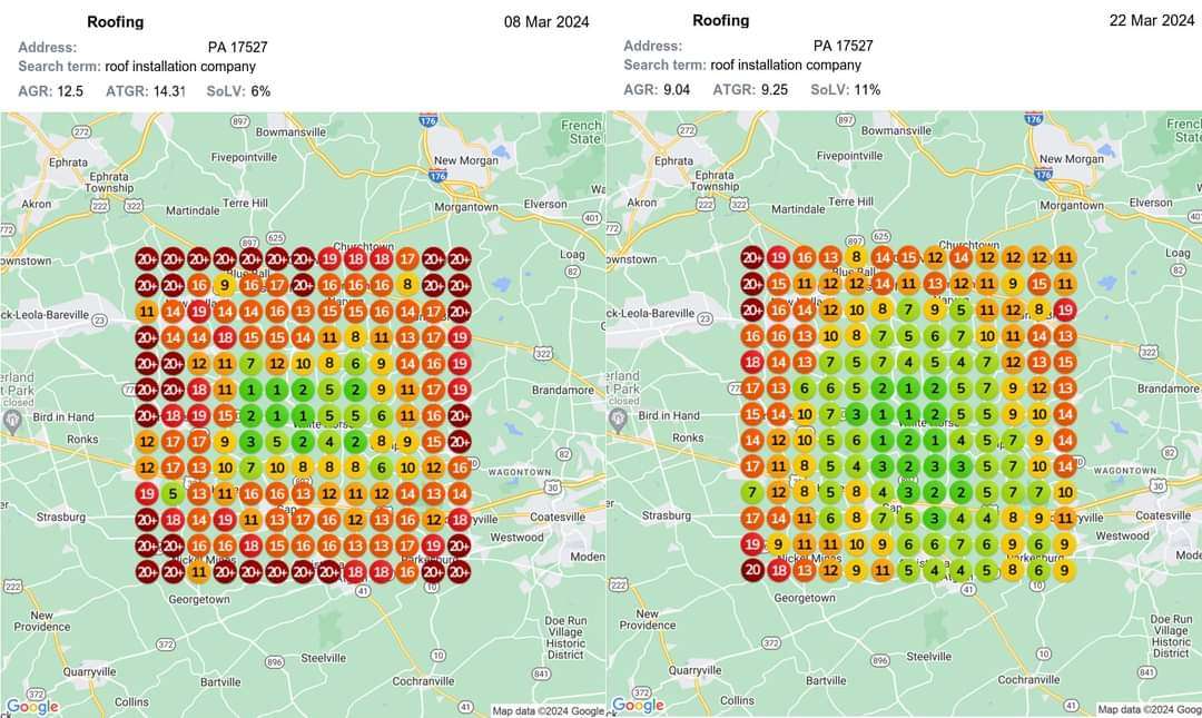 GEO grid heatmap showing roofing company ranking improvement