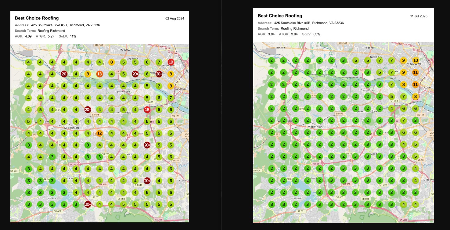 GEO grid heatmap showing roofing ranking improvement